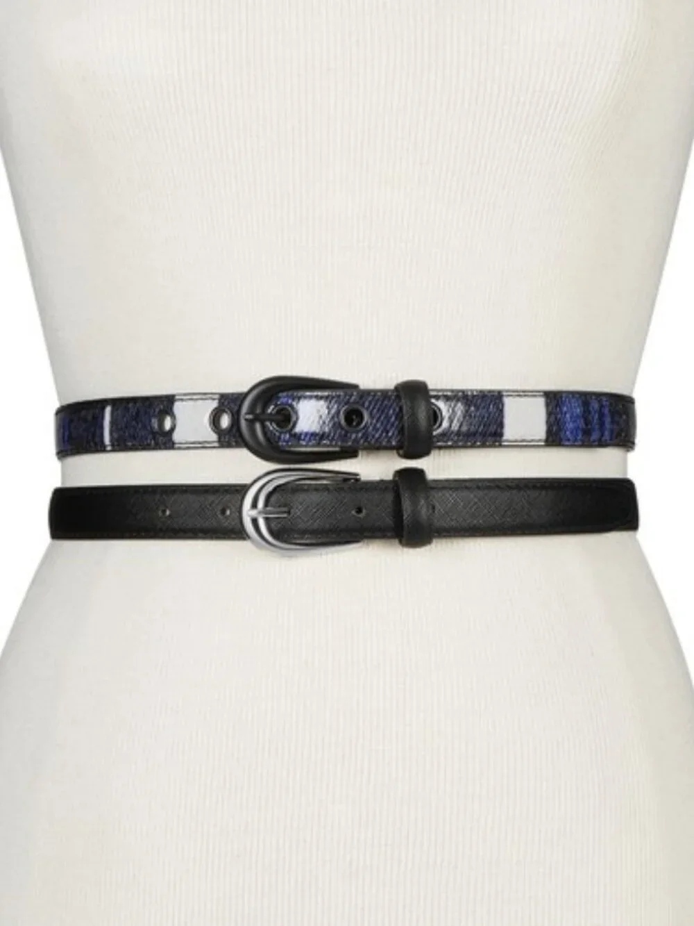 Steve Madden Womens Plaid 2 for 1 Skinny Belt
